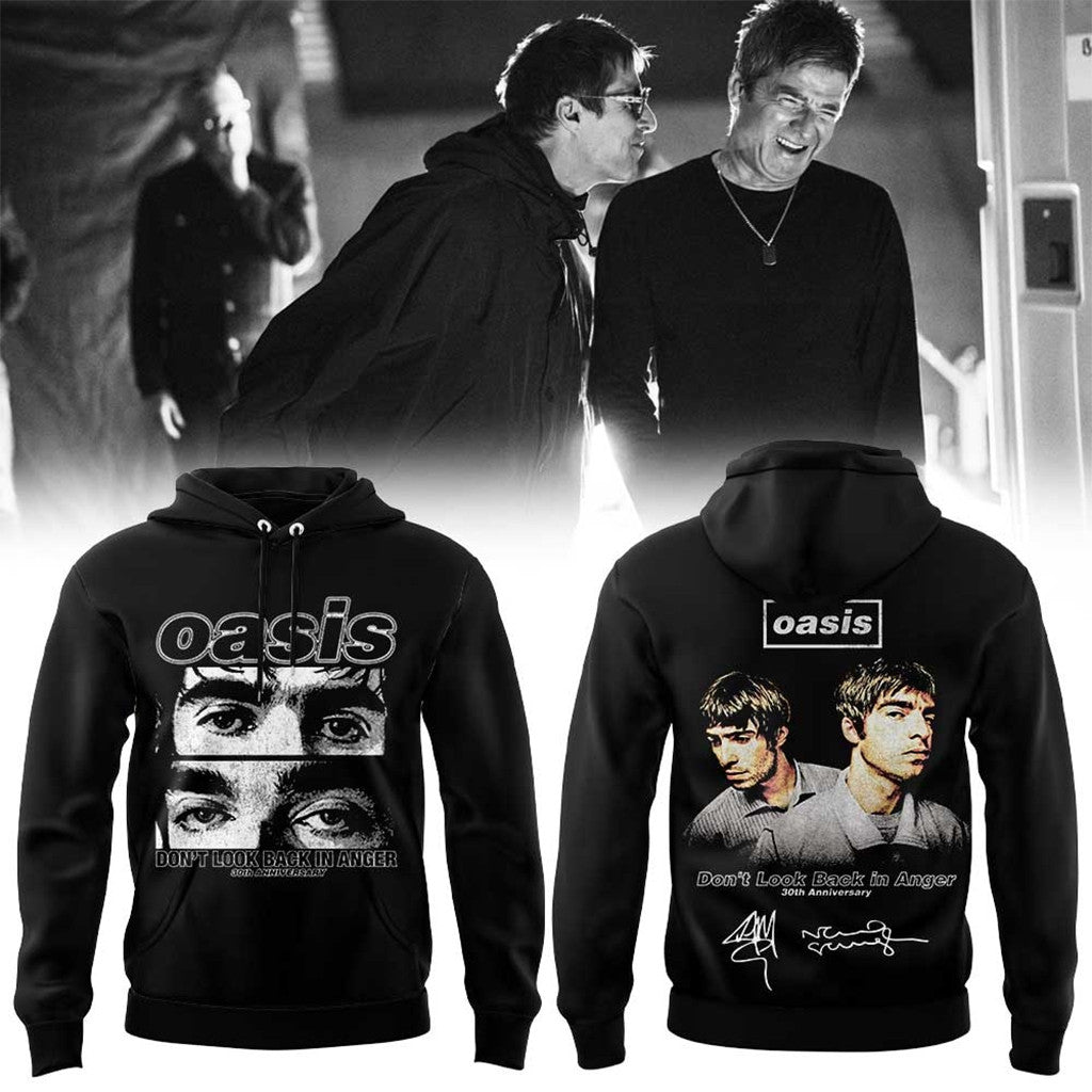 Oasis Don't Look Back In Anger 30Th Signature Black Hoodie 2026 Oasis Band Merch Best Fan Gifts - Loomnari