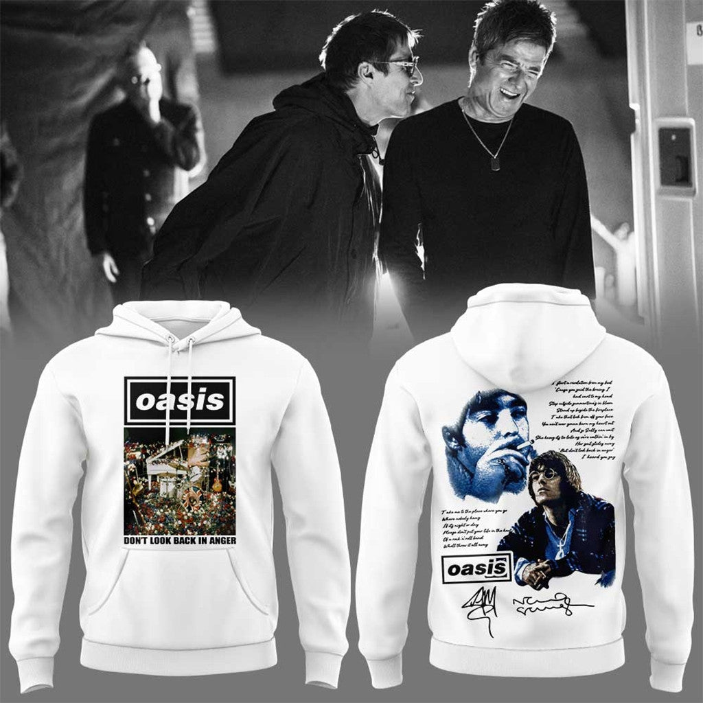 Oasis Don't Look Back In Anger 30Th Signature White Hoodie 2026 Oasis Band Merch Fan Gifts - Loomnari