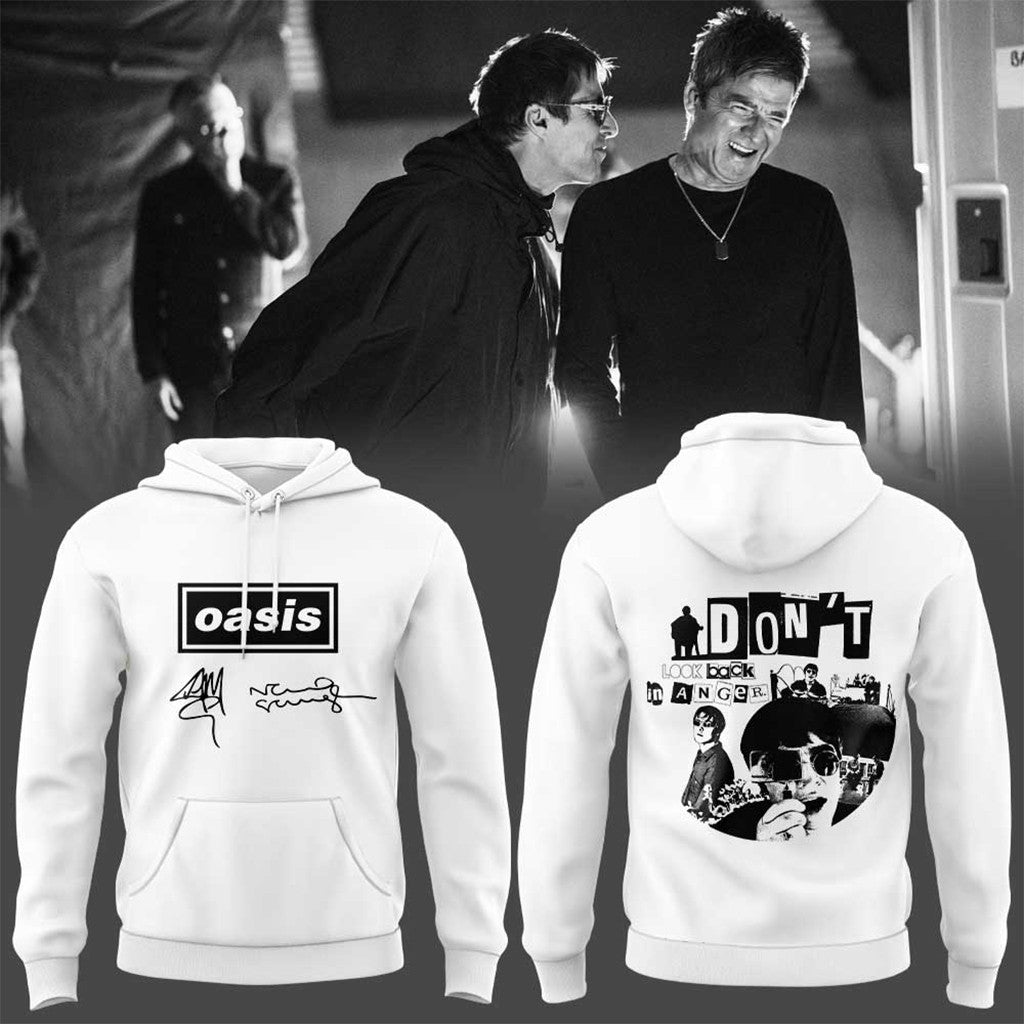 Oasis Don't Look Back In Anger 30Th Signature White Hoodie Oasis Merch Music Lover Gifts - Loomnari