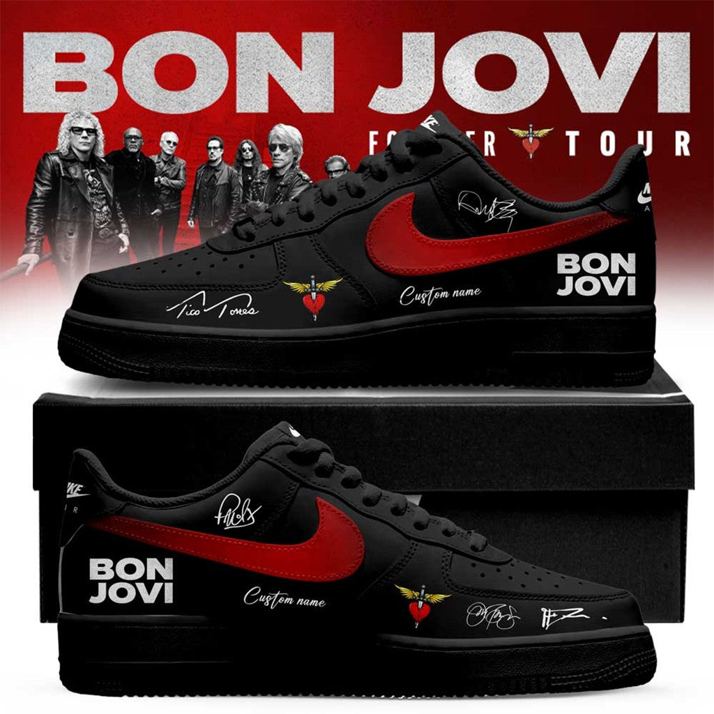 Custom Name Bon Jovi Forever Tour 2026 Signature Black Shoes Sneakers Bon Jovi Merch Fan Gifts - Loomnari