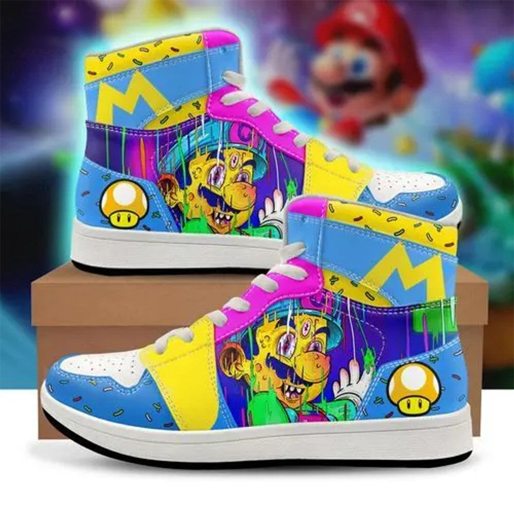 Super Mario Bros Graffiti Style High Top Sneakers Neon Drip Effects Shoes Gifts For Friends - Loomnari