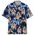 Bulldog Neon Blue Funny Hawaiian Shirt Tropical Floral Aloha Shirt Gifts For Bulldog Lover Dad - Loomnari
