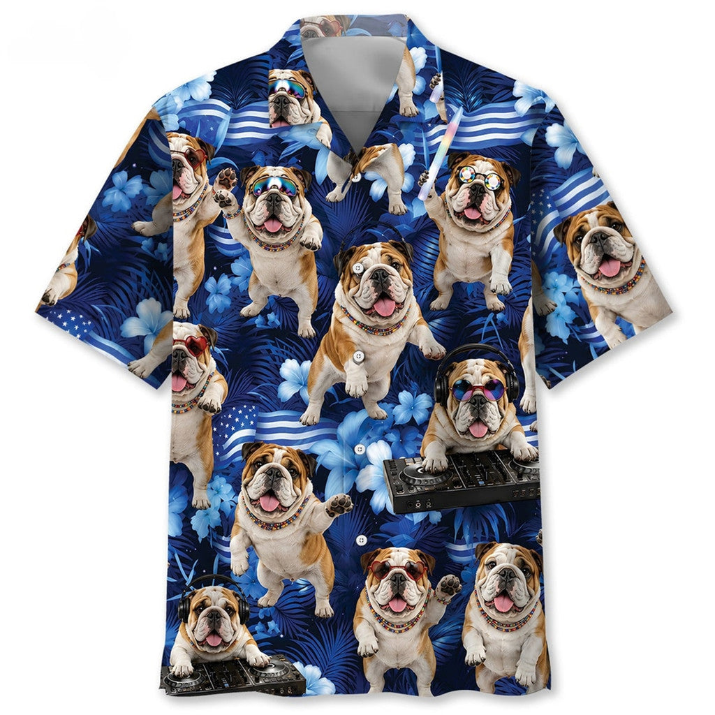 Bulldog Neon Blue Funny Hawaiian Shirt Tropical Floral Aloha Shirt Gifts For Bulldog Lover Dad - Loomnari