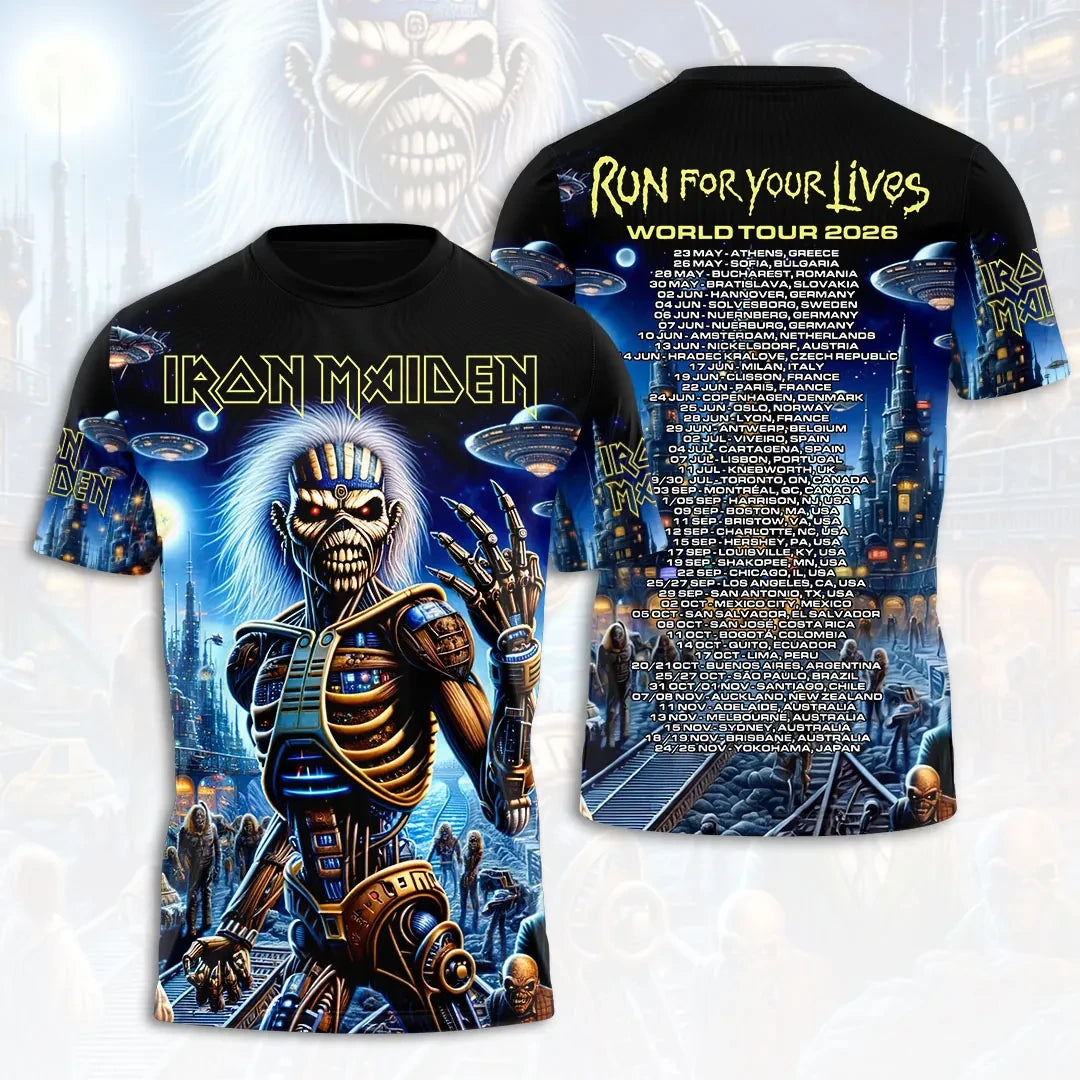 Iron Maiden Tour Merch 2026 Run For Your Lives World Tour T-Shirt Concert Fan Apparel - Loomnari