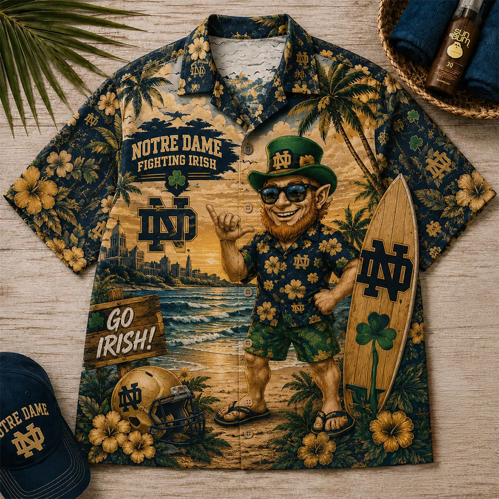 Notre Dame Fighting Irish Tropical Beach Leprechaun Hawaiian Shirt Notre Dame Football Merch - Loomnari