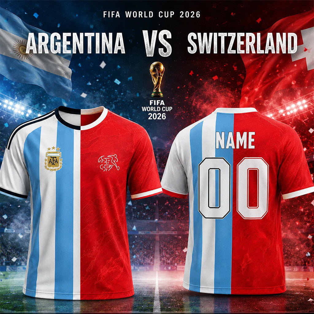 Personalized Argentina Vs Switzerland Split Design Jersey Shirt FIFA World Cup 2026 Merch - Loomnari