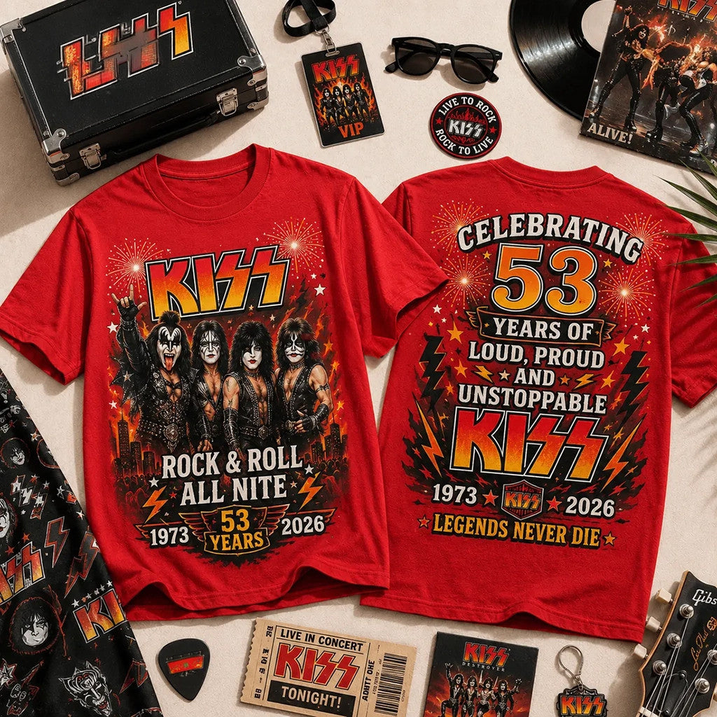 KISS 53rd Anniversary 1973 2026 Red T-Shirt Rock And Roll All Nite Shirt KISS Band Merch Gifts - Loomnari