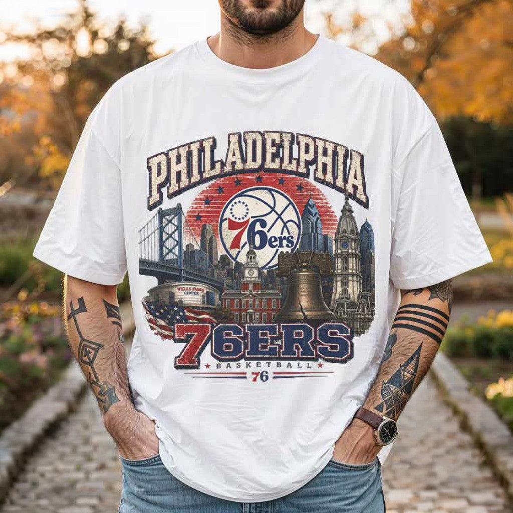 Philadelphia 76ers Philly Skyline Vintage T-Shirt 76ers Merch 2026 Best Gift For Basketball Fan - Loomnari
