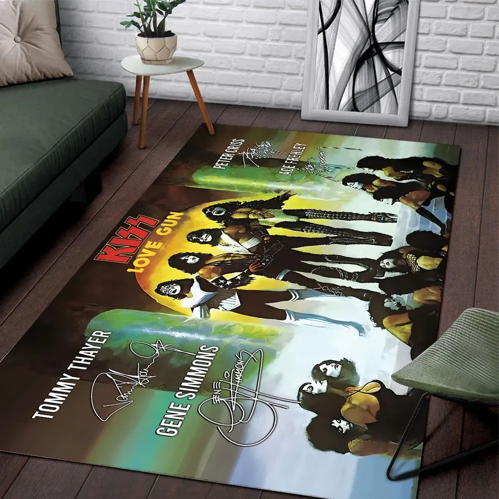 KISS Love Gun 50th Anniversary Rectangular Rug Living Room Decor KISS Band Merch Signature - Loomnari