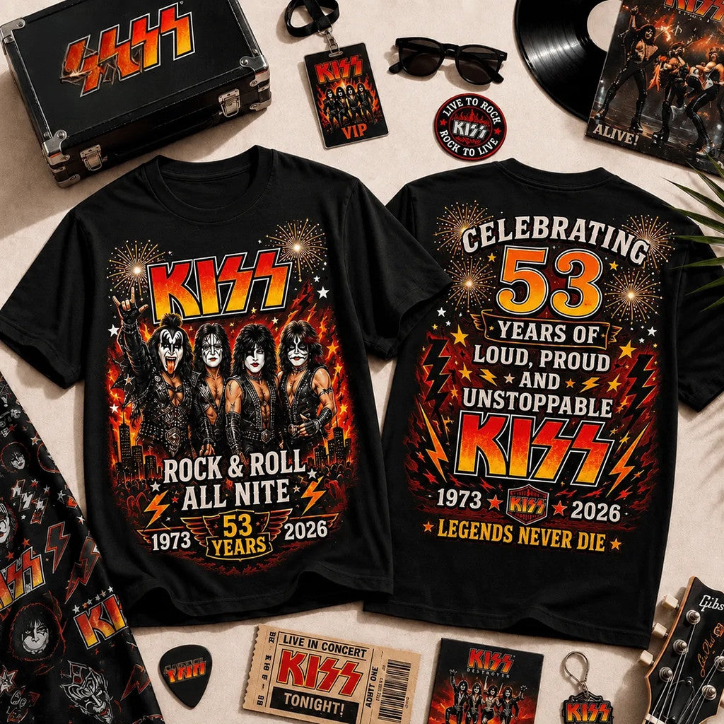 KISS Rock And Roll All Nite 53 Year Celebration T-Shirt KISS Band Merch Gift For Music Fans - Loomnari