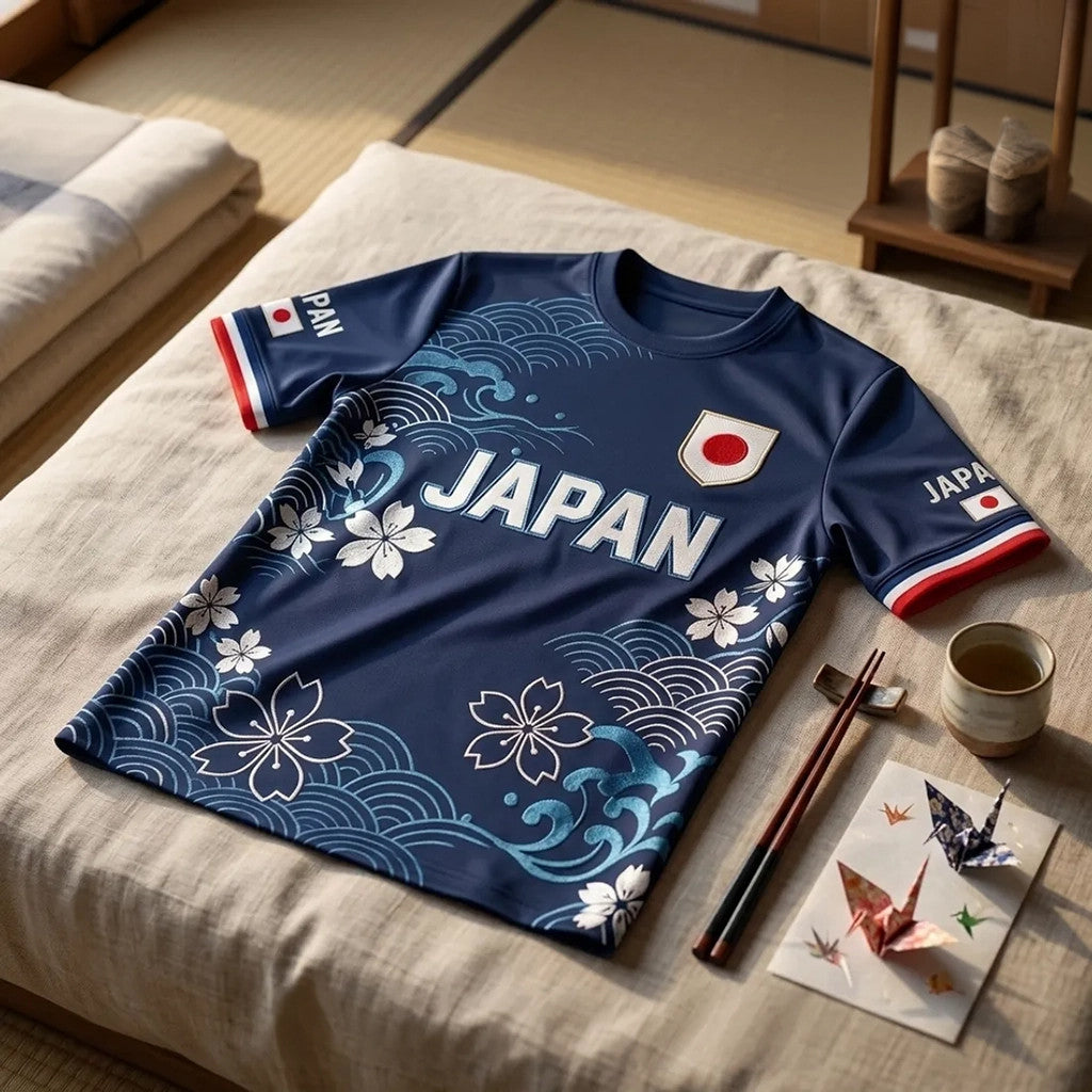 Japan Soccer Navy Blue Cherry Blossom T-Shirt Japan World Cup 2026 Merch Gift For Dad - Loomnari