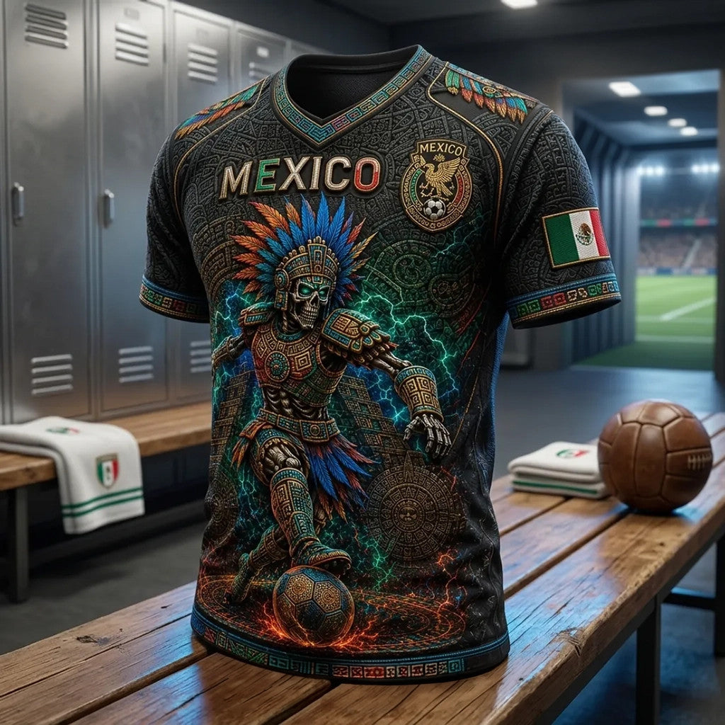 Mexico National Football Team Merch Aztec Skull V-Neck T-Shirt Mexico World Cup Merch 2026 - Loomnari