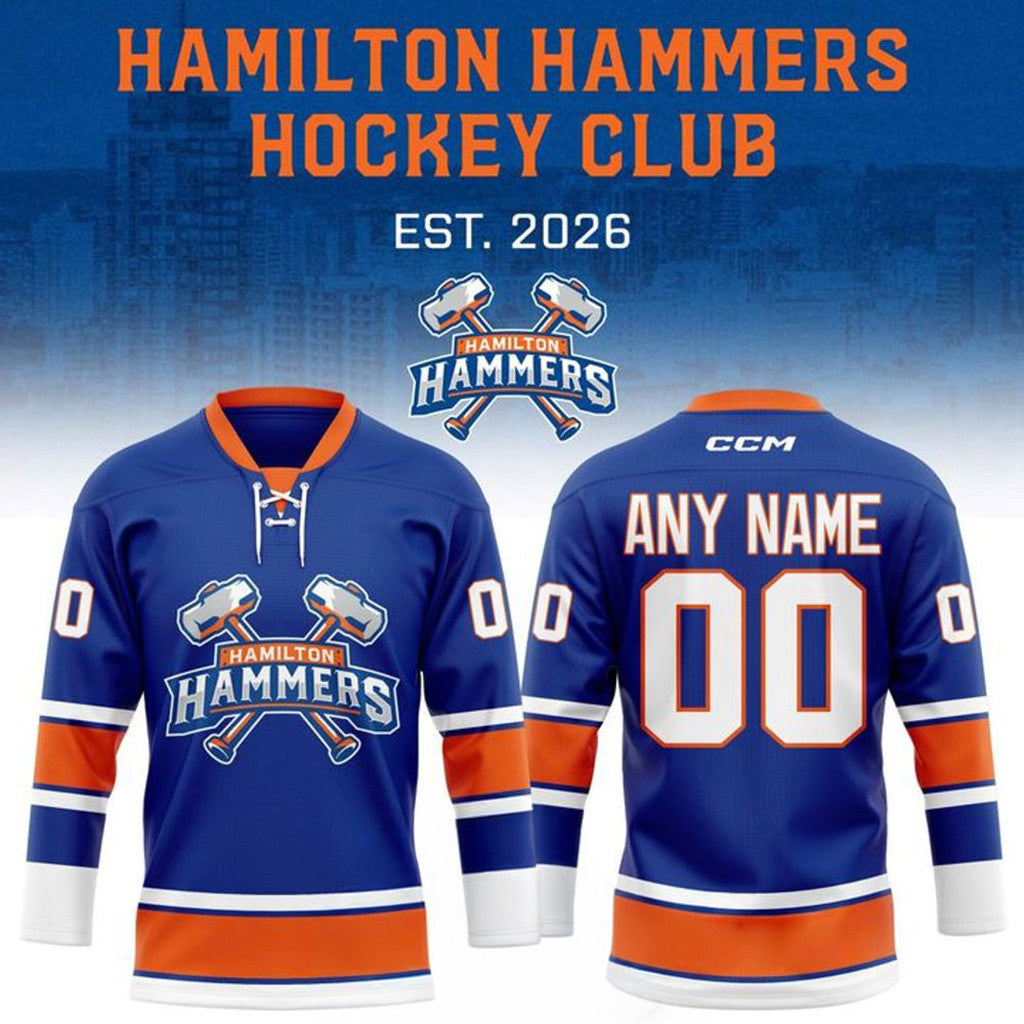 Personalized Hamilton Hammers Ice Blue And Orange Team 2026 Hockey Jersey Hammers Merch - Loomnari