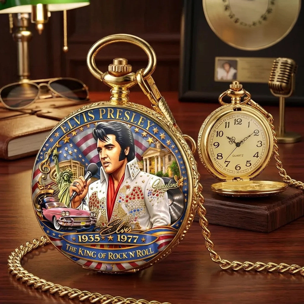 Elvis Presley Commemorative Gold Pocket Watch The King Of Rock N Roll Elvis Presley Merch - Loomnari