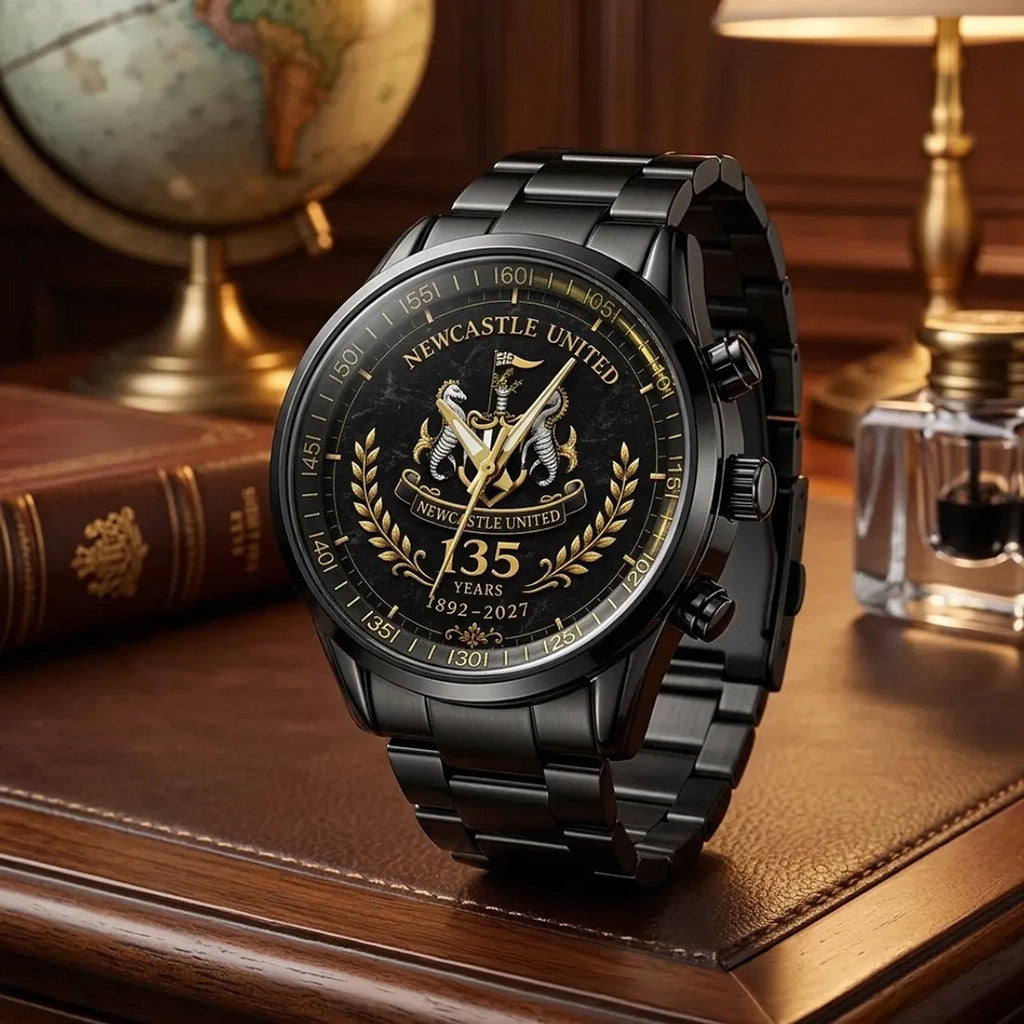 Newcastle United 135th Anniversary Black Stainless Steel Watch Newcastle United FC Merch - Loomnari