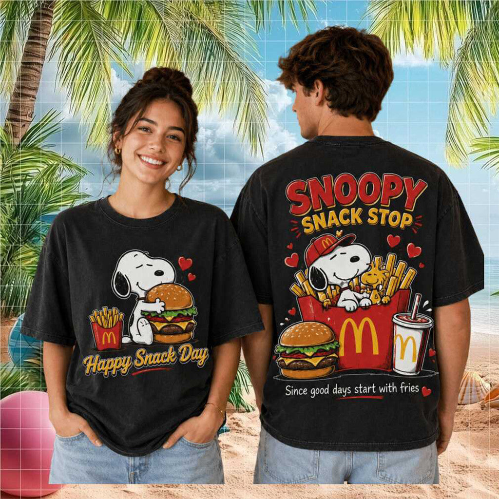 Snoopy Snack Stop McDonald Happy Snack Day Wash T-Shirt Cartoon Burger Lover Family Gifts - Loomnari