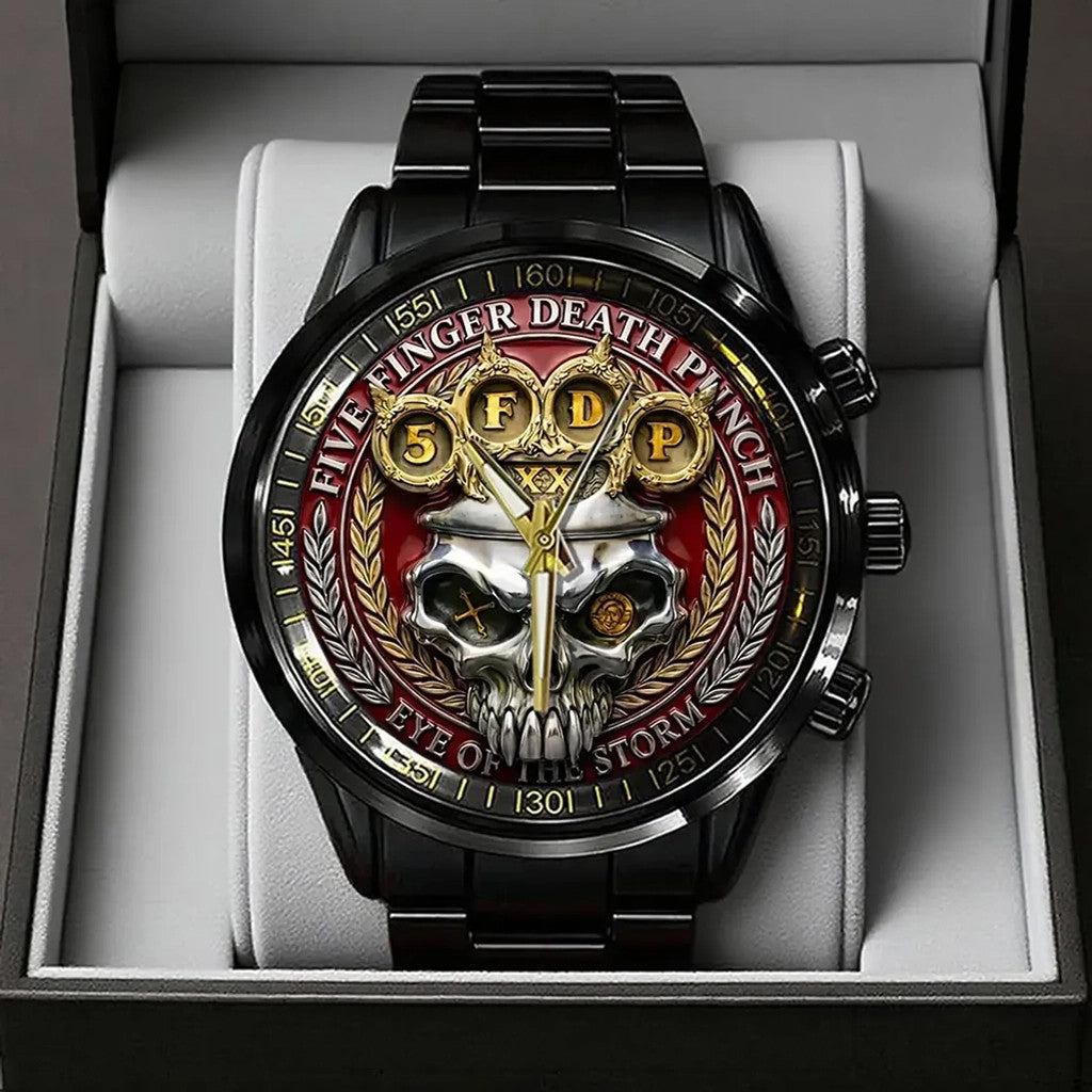 Five Finger Death Punch Skull Black Stainless Steel Watch 2026 5FDP Merch Gift For Band Fans - Loomnari