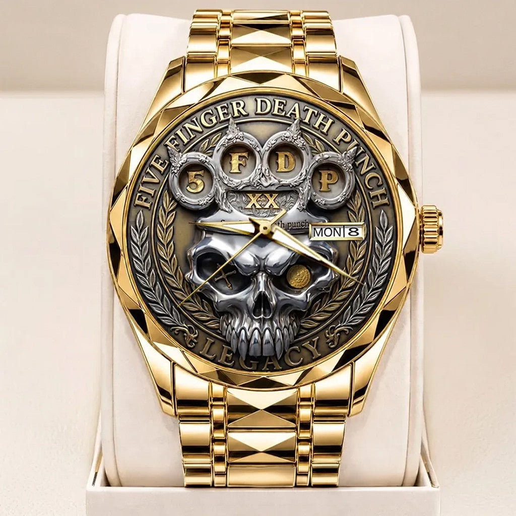 Five Finger Death Punch Legacy Gold Tone Embossed Quartz Watch FFDP Merch 2026 Fan Gifts - Loomnari