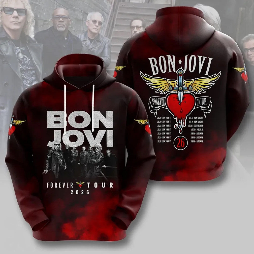 Bon Jovi Forever Tour 2026 Red Tie-Dye Hoodie Bon Jovi Merch Gifts For Fans - Loomnari