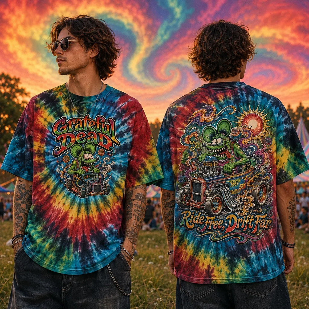 Grateful Dead Tie Dye Rat Hot Rod T-Shirt Ride Free Drift Far Shirt Gifts For Fans - Loomnari