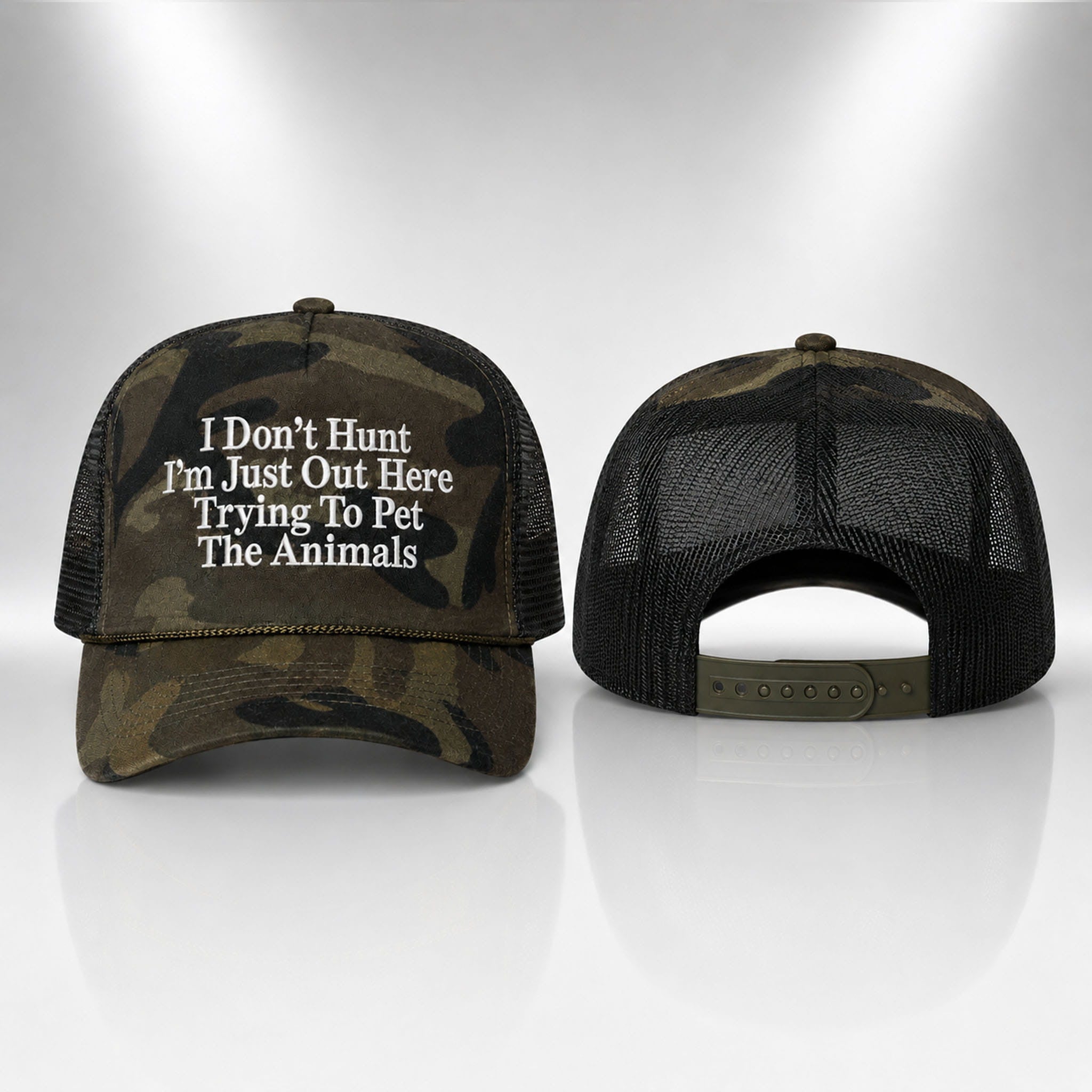 I Don't Hunt I'm Just Out Here Trying To Pet The Animals Trucker Hat Funny Hunting Cap Dad Gift - Loomnari