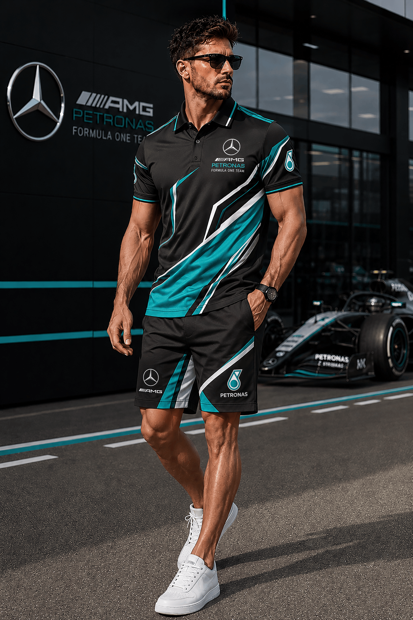 Merc AMG Petronas Sport Polo Shirt And Shorts Set F1 Racing Fan Gear Gift For Dad - Loomnari