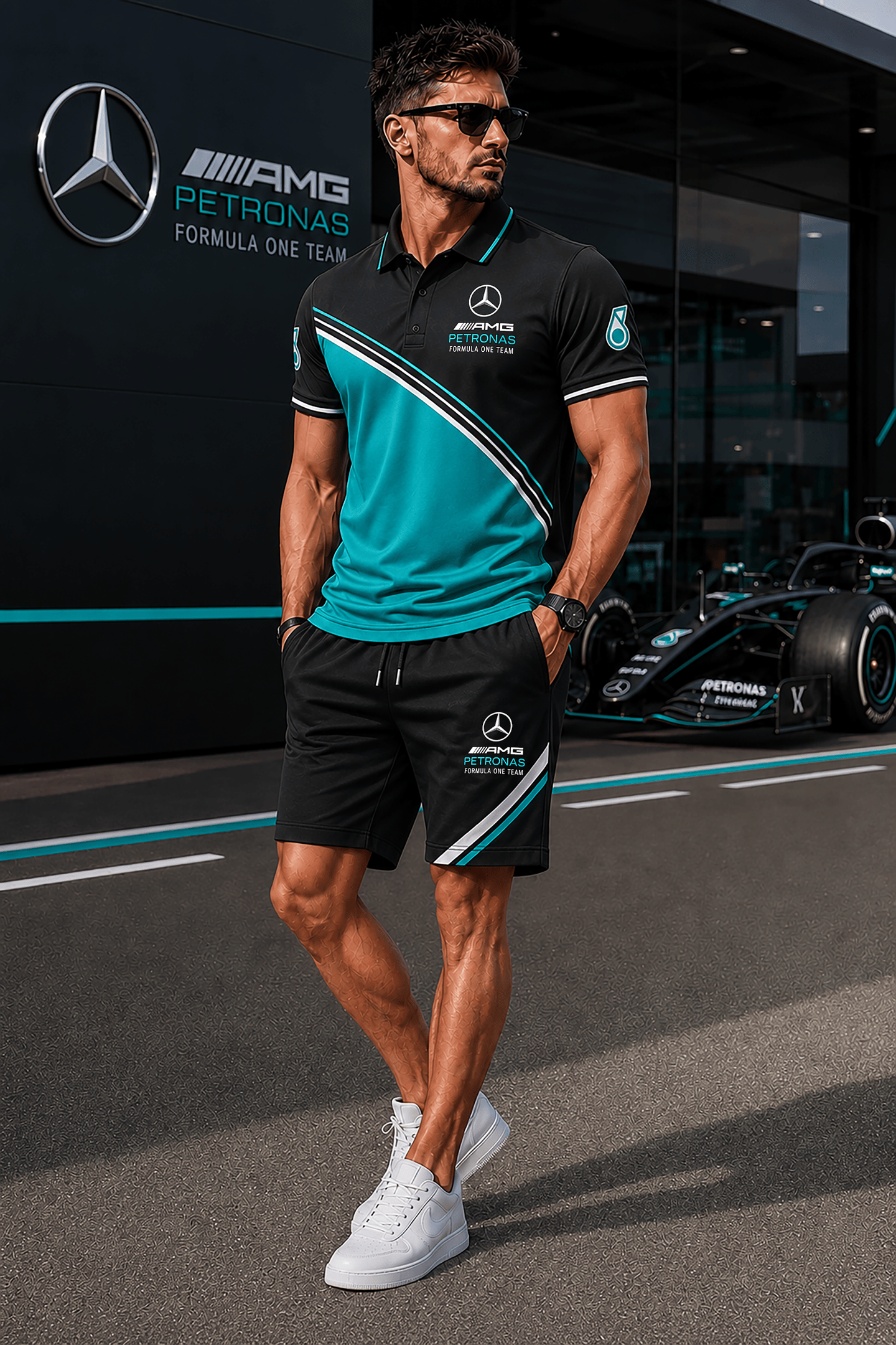 Merc AMG Petronas Sport Polo Shirt And Shorts Set Gift For F1 Racing Fans Gift for Dad - Loomnari