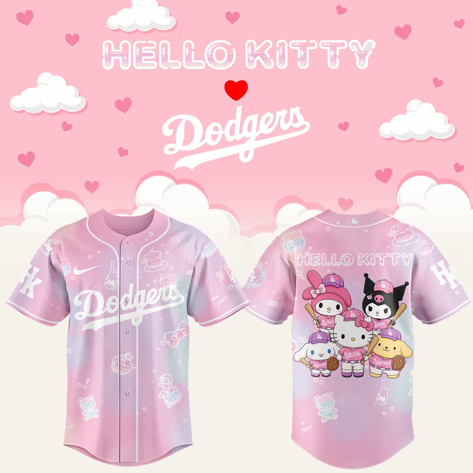 LA Dodgers x Hello Kitty Theme Nights Jersey Dodgers Merch Gifts For Baseball Fans - Loomnari
