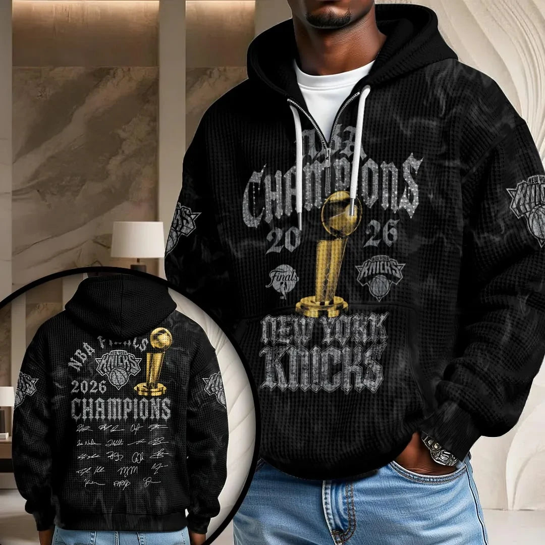 NY Knicks Merch New York Knicks 2026 Finals Champions Quarter Zip Hoodie Fan Gear - Loomnari