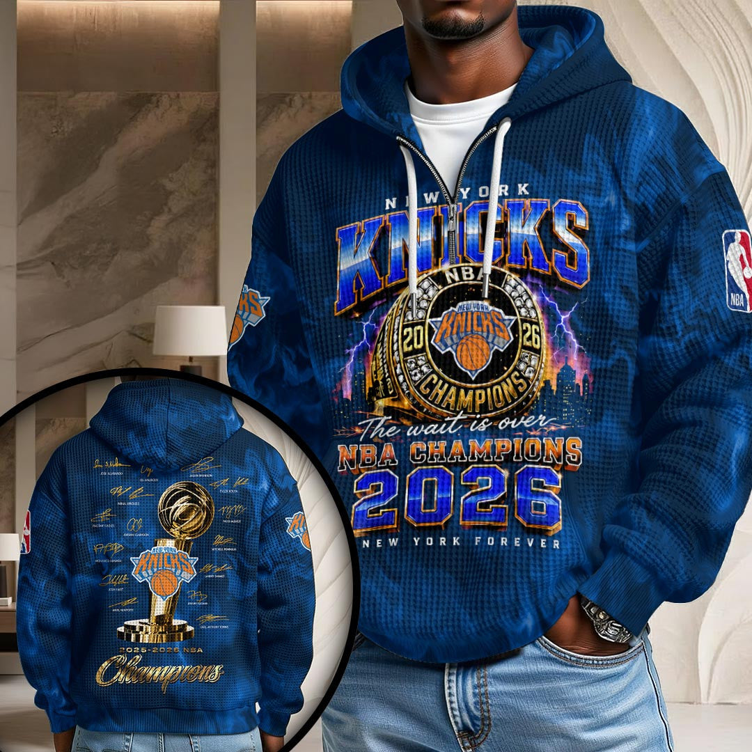 NY Knicks Merch New York Knicks 2026 Finals Champions Quarter Zip Hoodie Basketball Clothing - Loomnari
