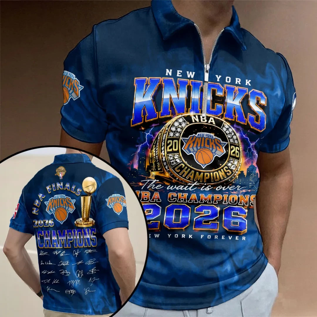 New York Knicks Finals Champions 2026 Zip Polo Shirt The Wait Is Over Knicks Merch Gifts For Son - Loomnari