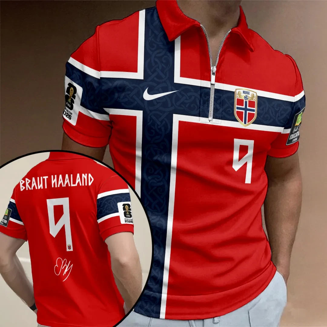 Norway National Football x Erling Haaland Zip Polo Shirt #9 Norway FIFA World Cup 2026 Merch - Loomnari