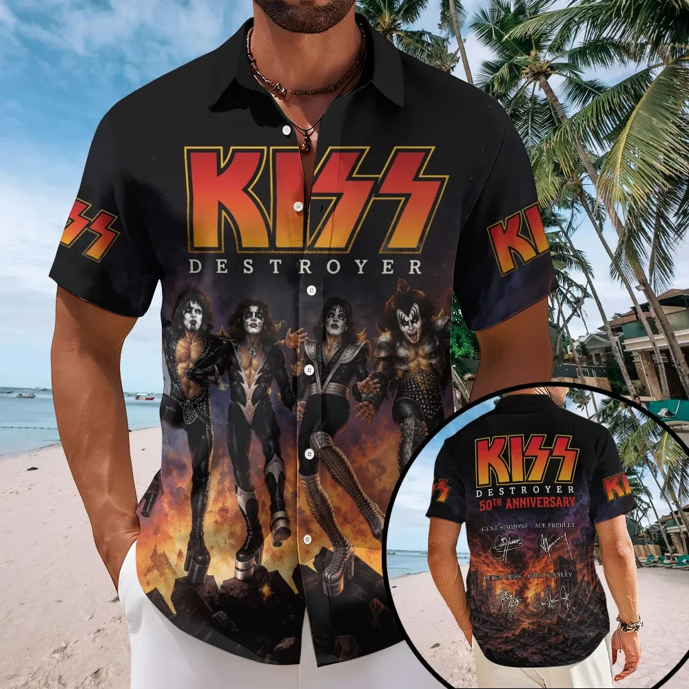 KISS Destroyer 50th Anniversary Hawaiian Shirt KISS Merch Birthday Gifts For Music Lovers - Loomnari
