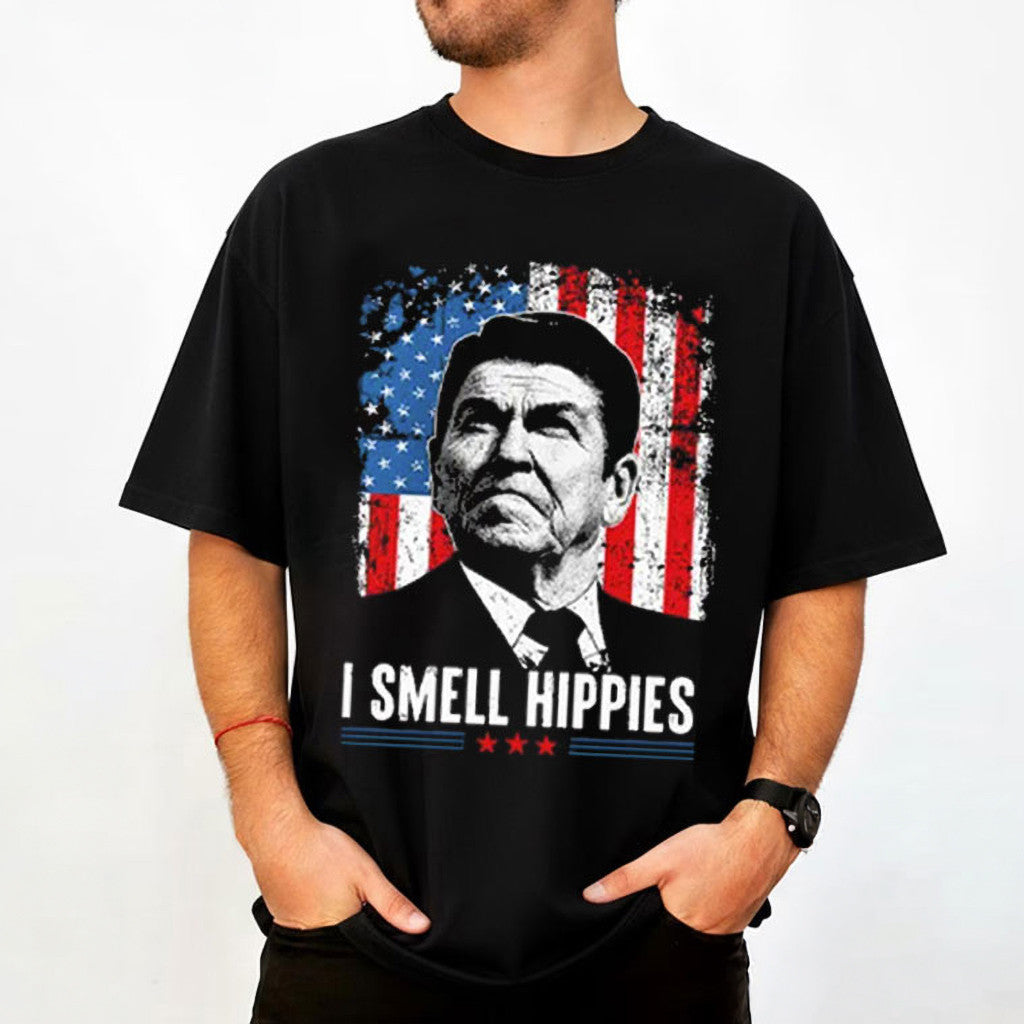 Ronald Reagan I Smell Hippies T-Shirt 2026 Political Shirt Ronald Reagan Merch Black - Loomnari
