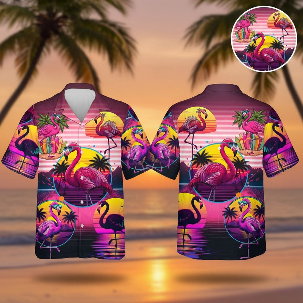 Retro Flamingo Hawaiian Shirt With Sunglasses And Palm Trees Summer Beach Button Up Shirt 2026 - Loomnari