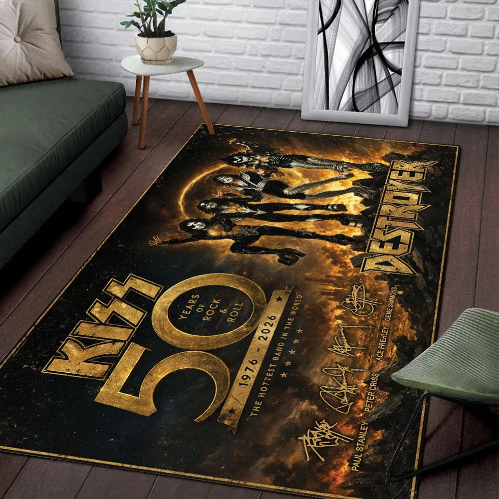 KISS Destroyer 50th Anniversary Rectangular Rug KISS Merch 50 Years Of Rock And Roll - Loomnari