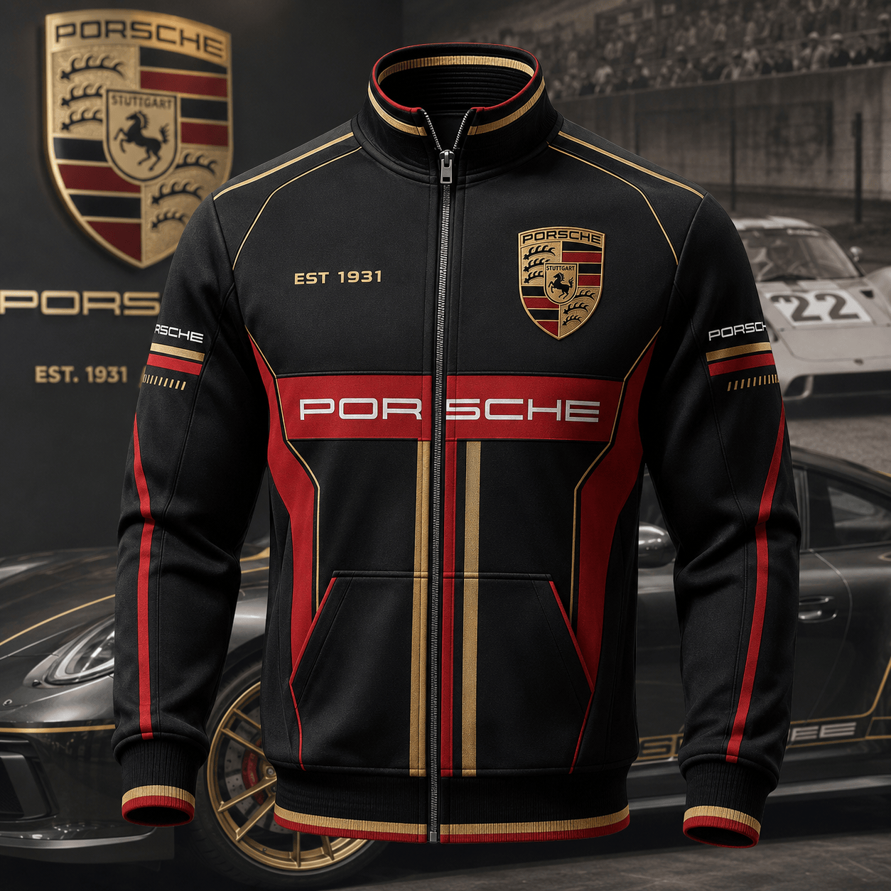 Pors EST 1931 Sport Stand Collar Zip Jacket Pors Merch Car Enthusiast Gifts For Dad - Loomnari