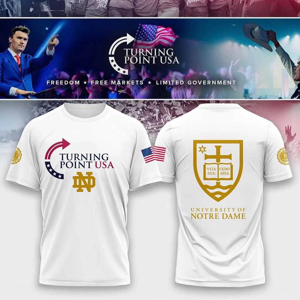 Notre Dame Campus Freedom X Turning Point USA White Shirt Turning Point Merch Gift For Dad - Loomnari