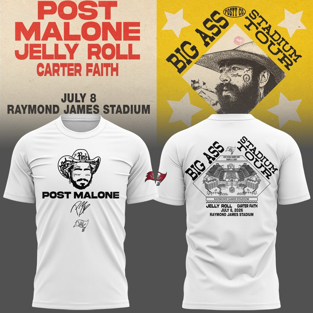 Post Malone X Tampa Bay Buccaneers Big Ass Stadium Tour 2026 White Shirt Post Malone Merch - Loomnari