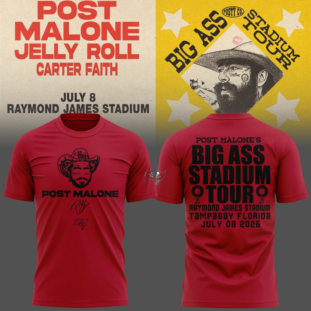 Post Malone X Tampa Bay Buccaneers Big Ass Stadium Tour 2026 Red Shirt Post Malone Merch Tour - Loomnari