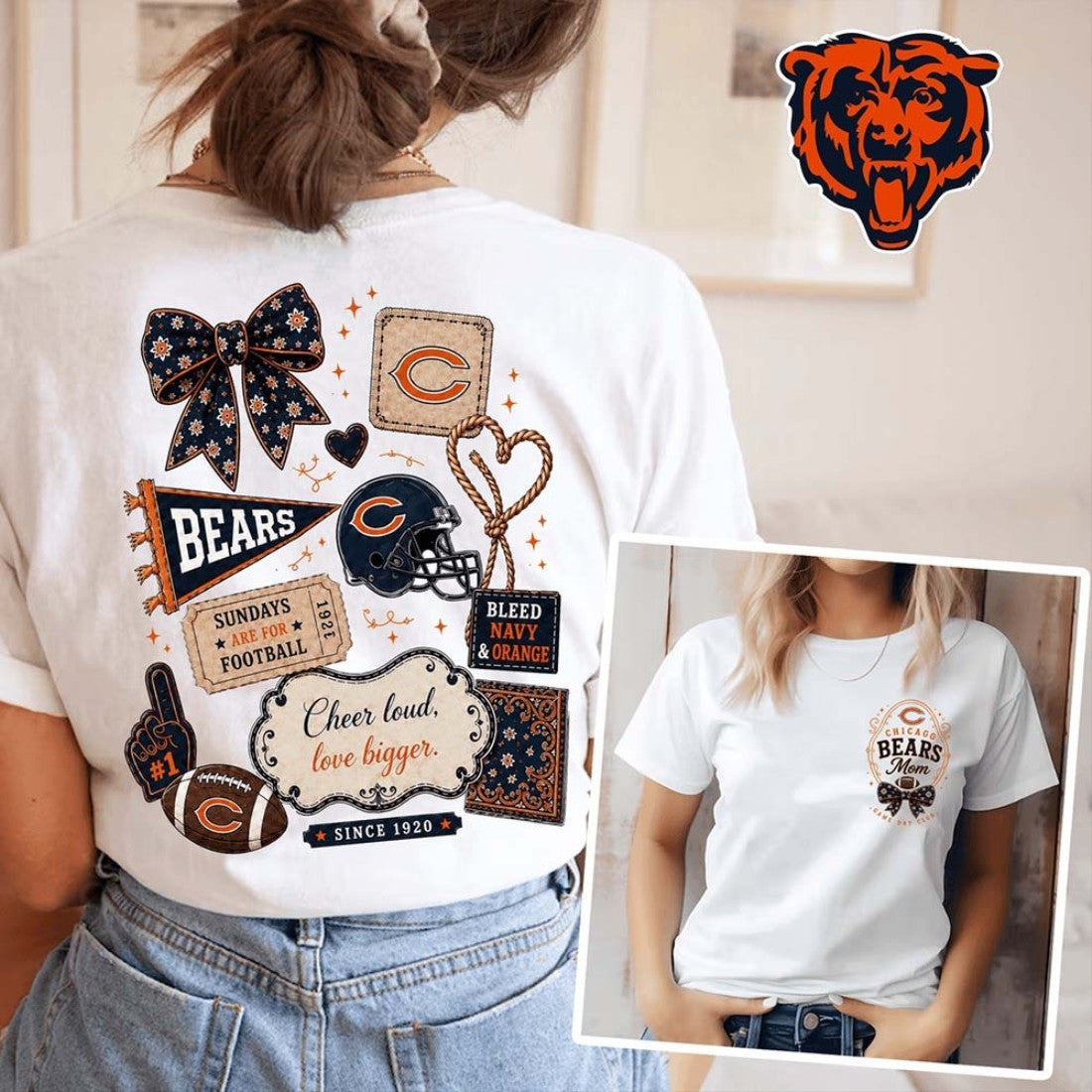 Chicago Bears Mom T-Shirt Chicago Bears Floral Bow Football Patch Clothes Gifts For Her - Loomnari