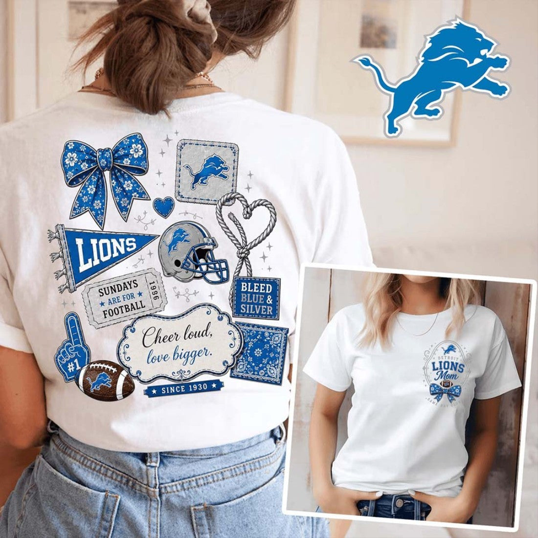 Detroit Lions Merch Detroit Lions Floral Bow Football Patch T-Shirt Unique Gift For Fan - Loomnari