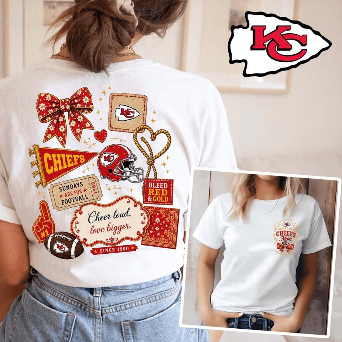 Kansas City Chiefs Merch Chiefs Bow Football Patch T-Shirt Gifts For My Her - Loomnari