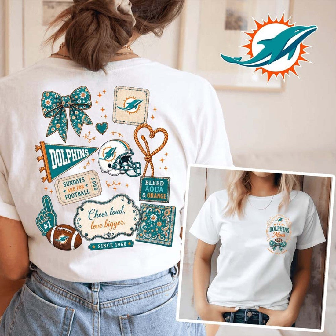 Miami Dolphins Merch Dolphins Floral Bow Football Patch T-Shirt Best Gifts For Her - Loomnari
