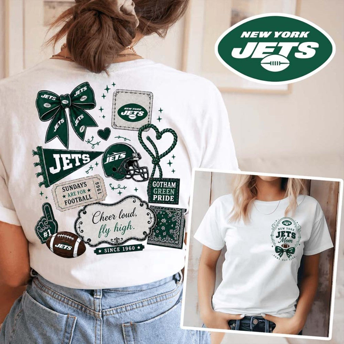 New York Jets Merch New York Jets Floral Bow Football Patch T-Shirt Birthday Gift For Her - Loomnari