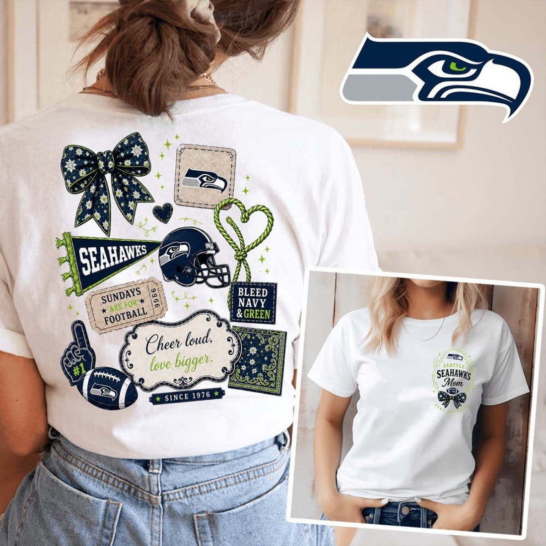 Seattle Seahawks Merch Seattle Seahawks Floral Bow Football Patch T-Shirt Gift For Her - Loomnari