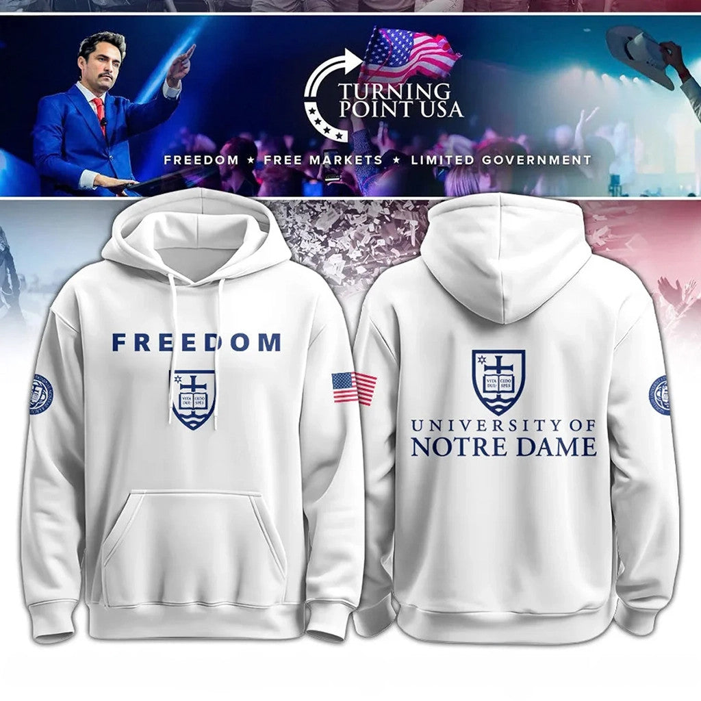 Notre Dame Campus Freedom X Turning Point USA White Hoodie TPUSA Merch Best Gift For Dad - Loomnari