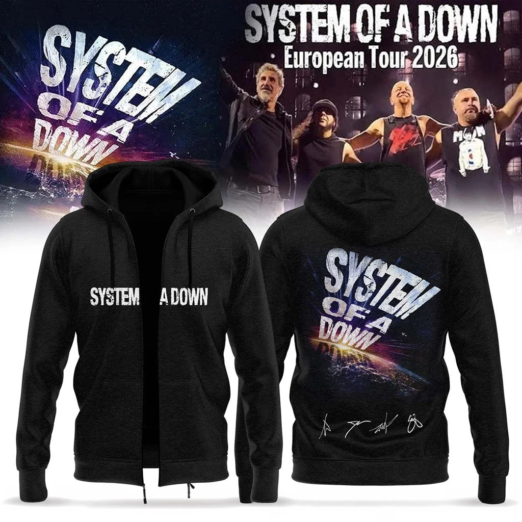 SOAD Merch 2026 System Of A Down Europe UK Stadium Tour Signed Zip Hoodie Best Gift For Fans - Loomnari