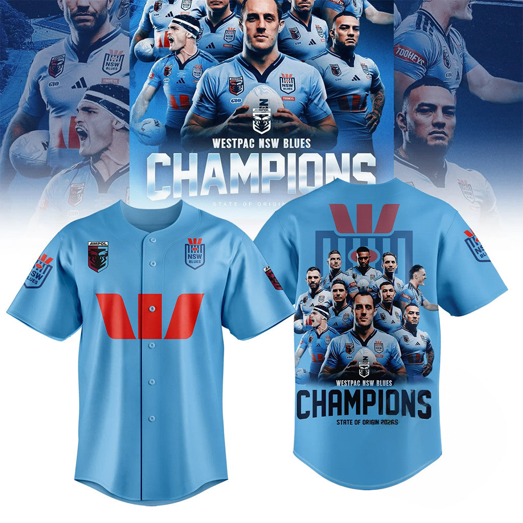 Westpac NSW Blues State Of Origin 2026 Champions Baseball Jersey NSW Blues Merch Fan Gifts - Loomnari