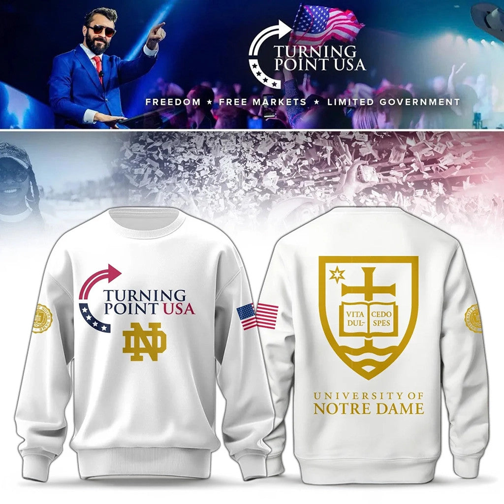 Notre Dame Campus Freedom X Turning Point USA White Sweatshirt TPUSA Merch Present For Him - Loomnari